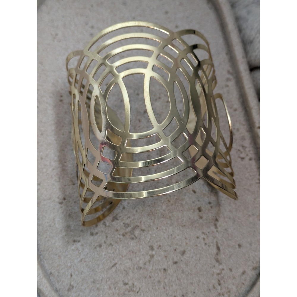 Wide Cuff Bracelet In Gold Tone Modernist Abstract Circular Design Statement
